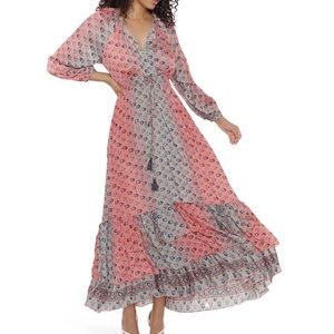 RAGA Orai Printed Tassel Tie Long Sleeve Maxi Dress Anthro brand bold boho sz S